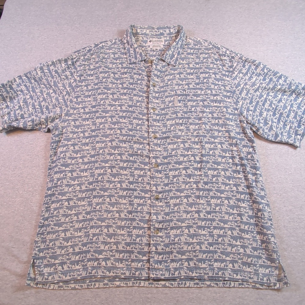 Vintage 2004 Columbia Men XL Hawaiian Shirt Blue Tropical Island Print Cotton
